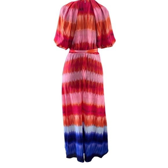 NWT Maison Tara Short Puff Sleeve V-Neck Tie Waist Tie Dye Printed Maxi Dress - Picture 4 of 9